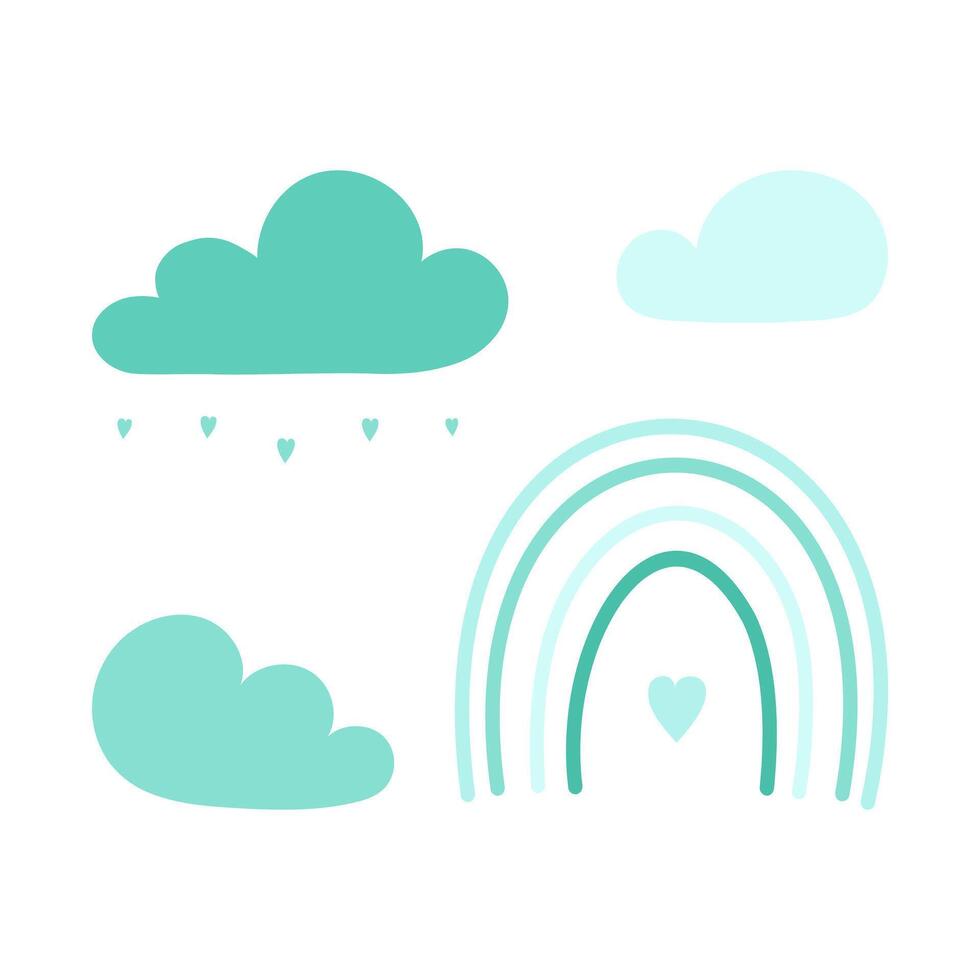 Set of sky elements blue clouds rain rainbow, simple drawings by child, for fun childrens design. vector