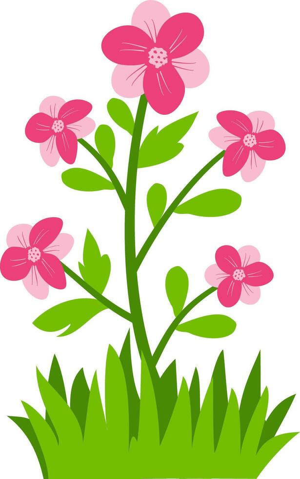 Charming floral illustration featuring pink blossoms, green leaves, and grass, great for nature-inspired decorative projects. vector