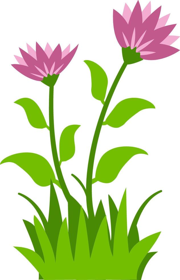 Charming floral illustration two purple blossoms, green leaves, and grass, great for nature-inspired decorative projects. vector