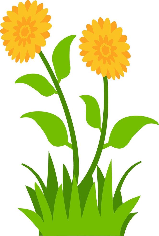 Charming floral illustration featuring two yellow blossoms, green leaves, and grass, great for nature-inspired decorative projects. vector