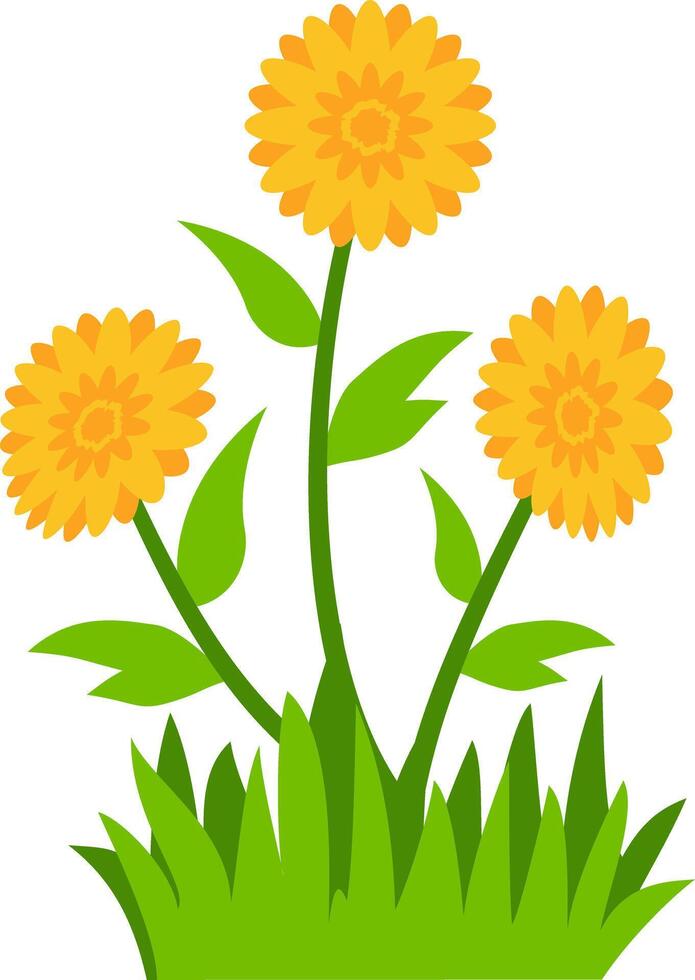 Charming floral illustration featuring three yellow blossoms, green leaves, and grass, great for nature-inspired decorative projects. vector