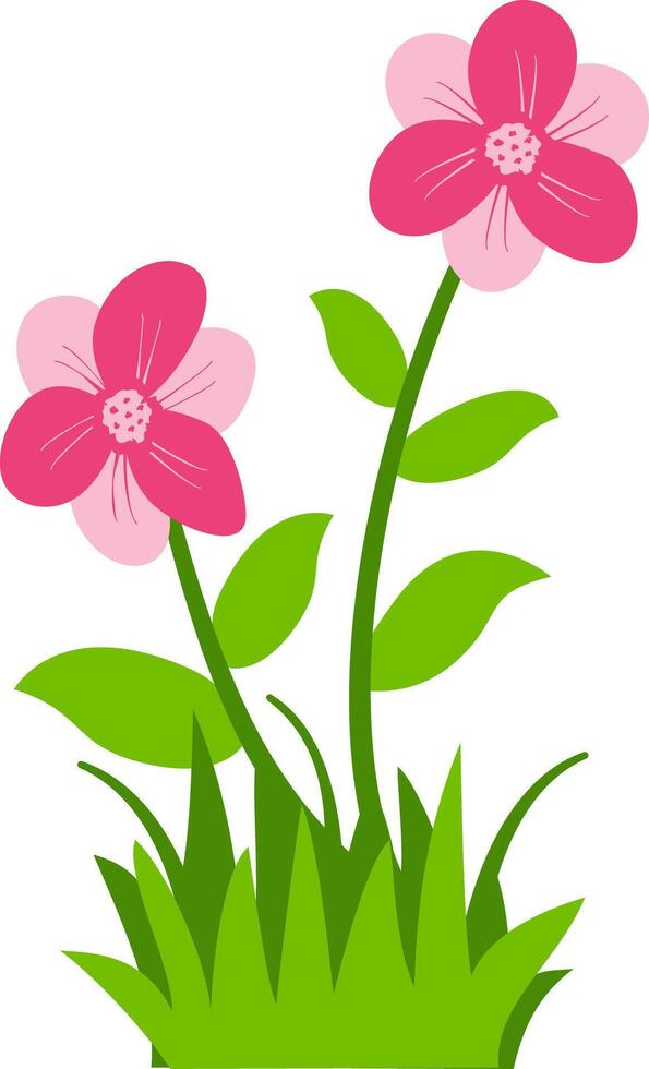 pink flowers with green leaves and grass, perfect for nature, spring, and floral design projects. Ideal for clipart, decorative art, and botanical themes. vector