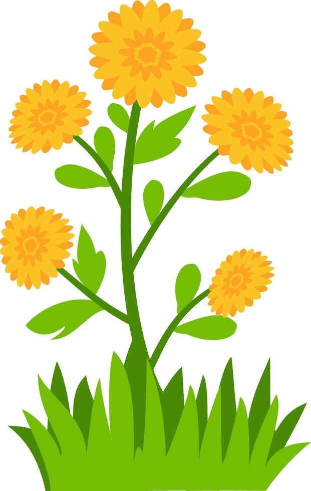 five blooming yellow flowers with green leaves and grass, perfect for nature, spring, and floral design projects. Ideal for clipart, decorative art, and botanical themes. vector