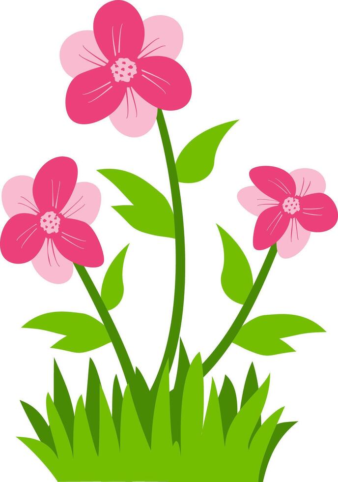 three blooming pink flowers with green leaves and grass, perfect for nature, spring, and floral design projects. Ideal for clipart, decorative art, and botanical themes. vector