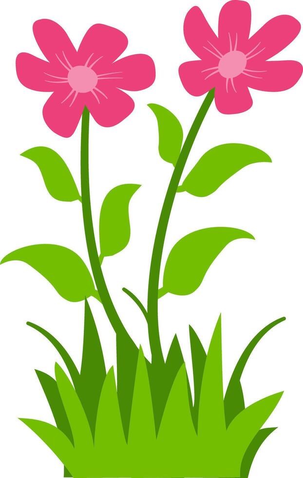 illustration of pink flowers with green leaves and grass, perfect for nature, spring, and floral design projects. Ideal for clipart, decorative art, and botanical themes. vector