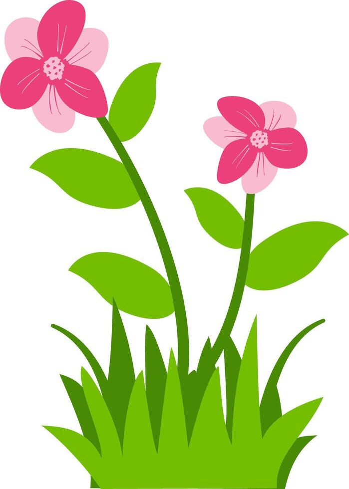 pink flowers with green leaves and grass, perfect for nature, spring, and floral design projects. Ideal for clipart, decorative art, and botanical themes vector