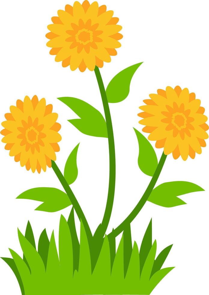 illustration of three blooming yellow flowers with green leaves and grass, perfect for nature, spring, and floral design projects. Ideal for clipart, decorative art, and botanical themes. vector