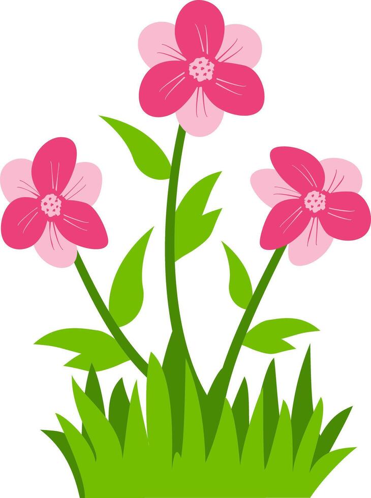 illustration of three blooming pink flowers with green leaves and grass, perfect for nature, spring, and floral design projects. Ideal for clipart, decorative art, and botanical themes. vector