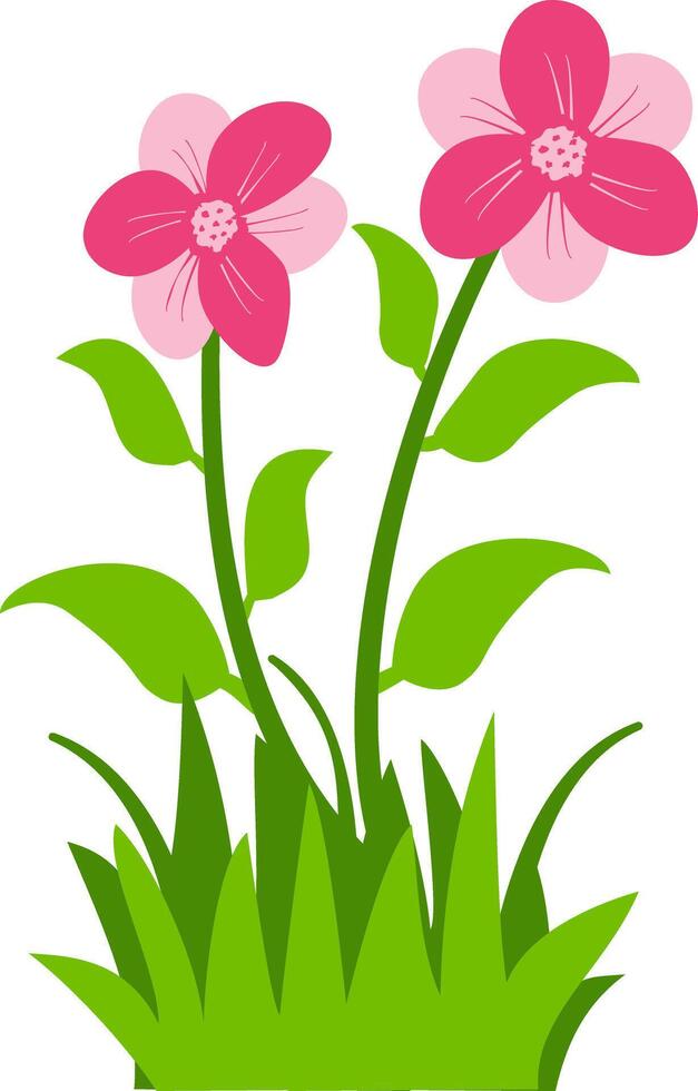 Bright illustration of two pink flowers with green leaves and grass, ideal for floral designs, spring themes, and decorative art projects. vector