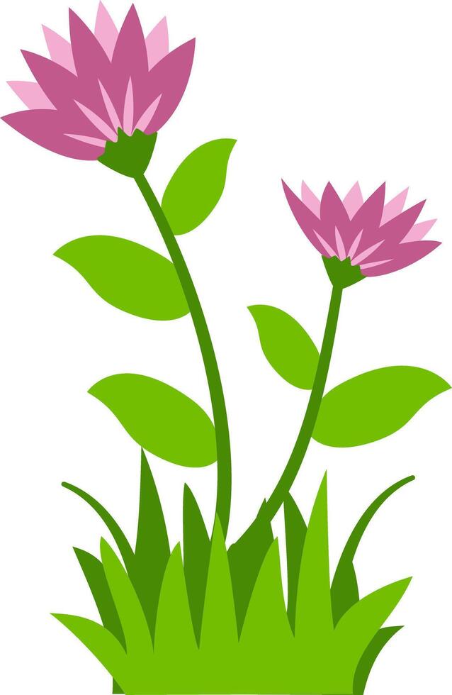illustration of two blooming purple flowers with green leaves and grass, perfect for nature, spring, and floral design projects. Ideal for clipart, decorative art, and botanical themes. vector