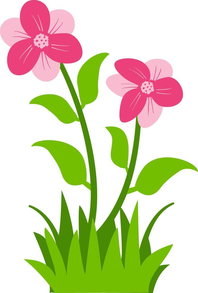 Beautiful artwork of blooming pink flowers surrounded by lush green leaves and grass, perfect for nature and botanical-themed designs. vector