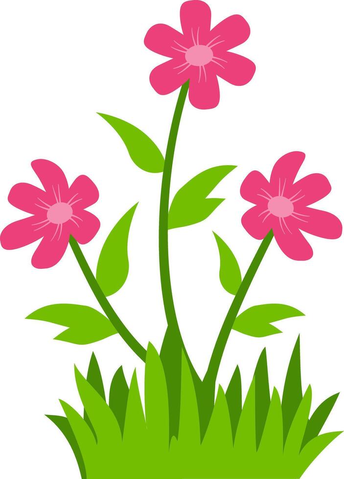 illustration of pink flowers with green leaves and grass, ideal for floral designs, spring themes, and decorative art projects. vector