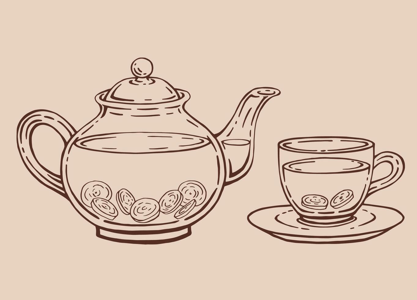 Tea set with glass teapot and cup, ginger. Hand drawn illustration in outline style. vector