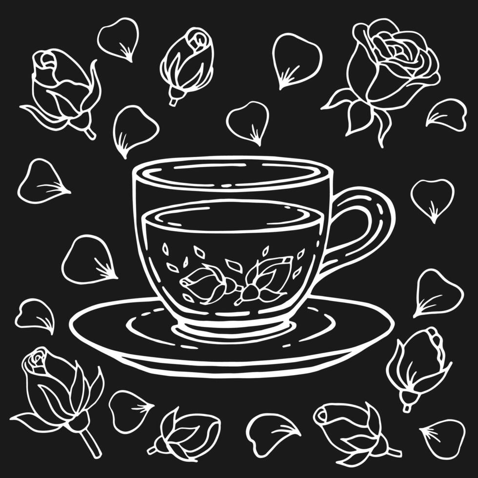 Glass cup of tea, rose. Hand drawn in outline style. vector