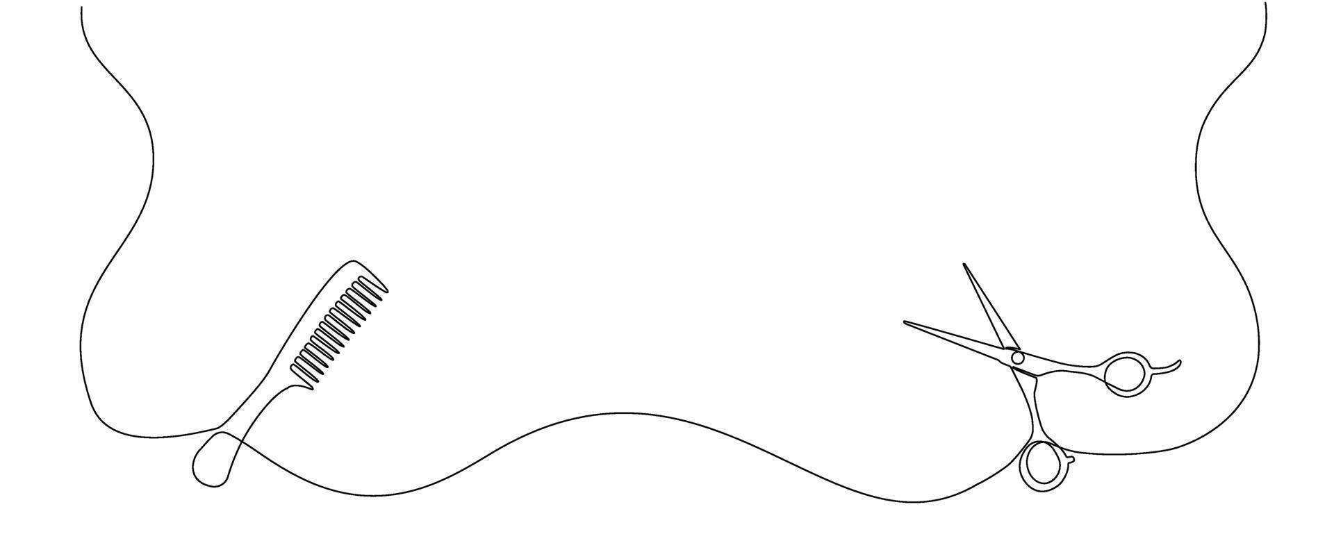 One continuous line drawing of hair scissors and comb. Modern design for hair salon or hair salon logo. Editable stroke. illustration. vector
