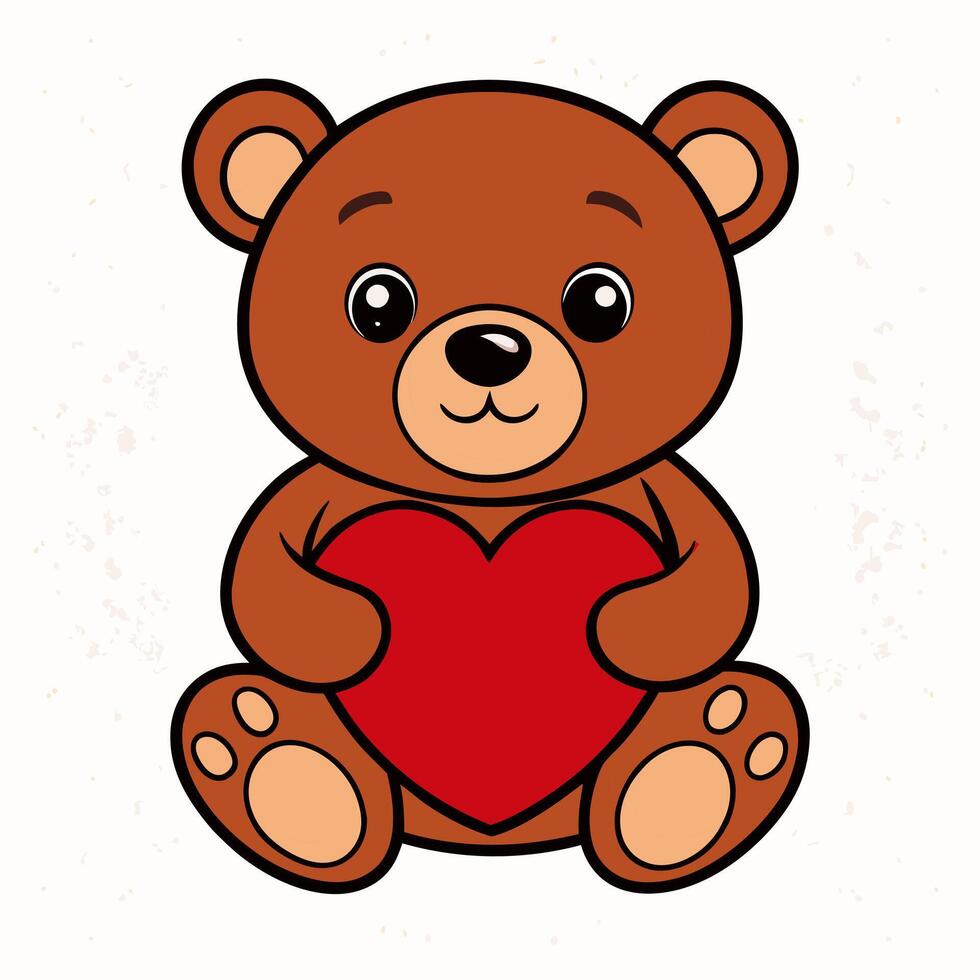 Cute cartoon teddy bear with red heart isolated on white background. Front view vector