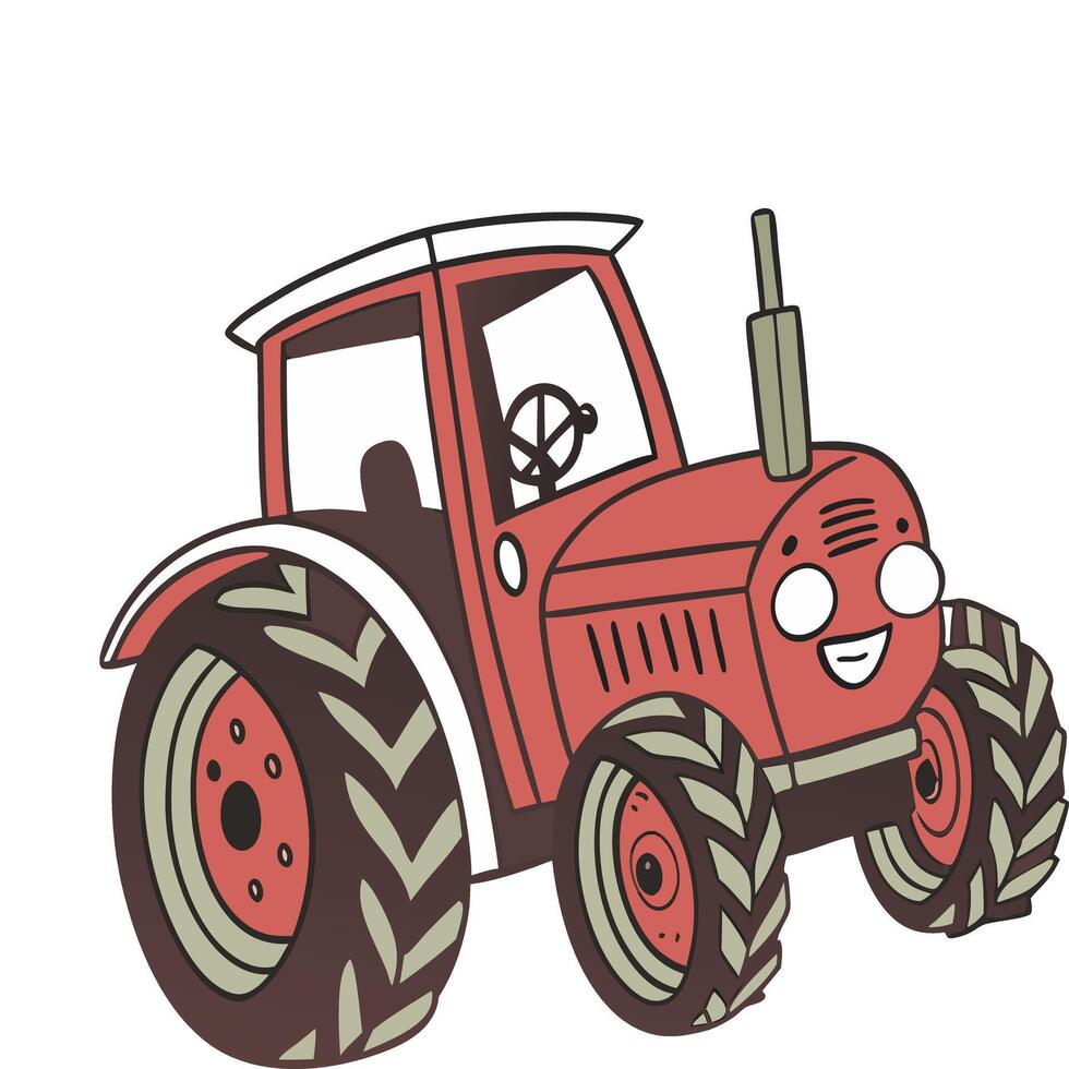 tractor on white background, flat isolated illustration of red tractor, icon of farm transport, art for children vector