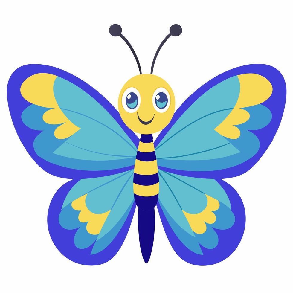 Cute cartoon blue butterfly isolated on white background. Front view. vector