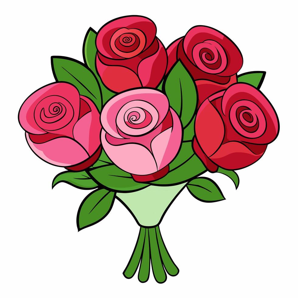 Cute cartoon bouquet of roses isolated on white background. Side view. vector