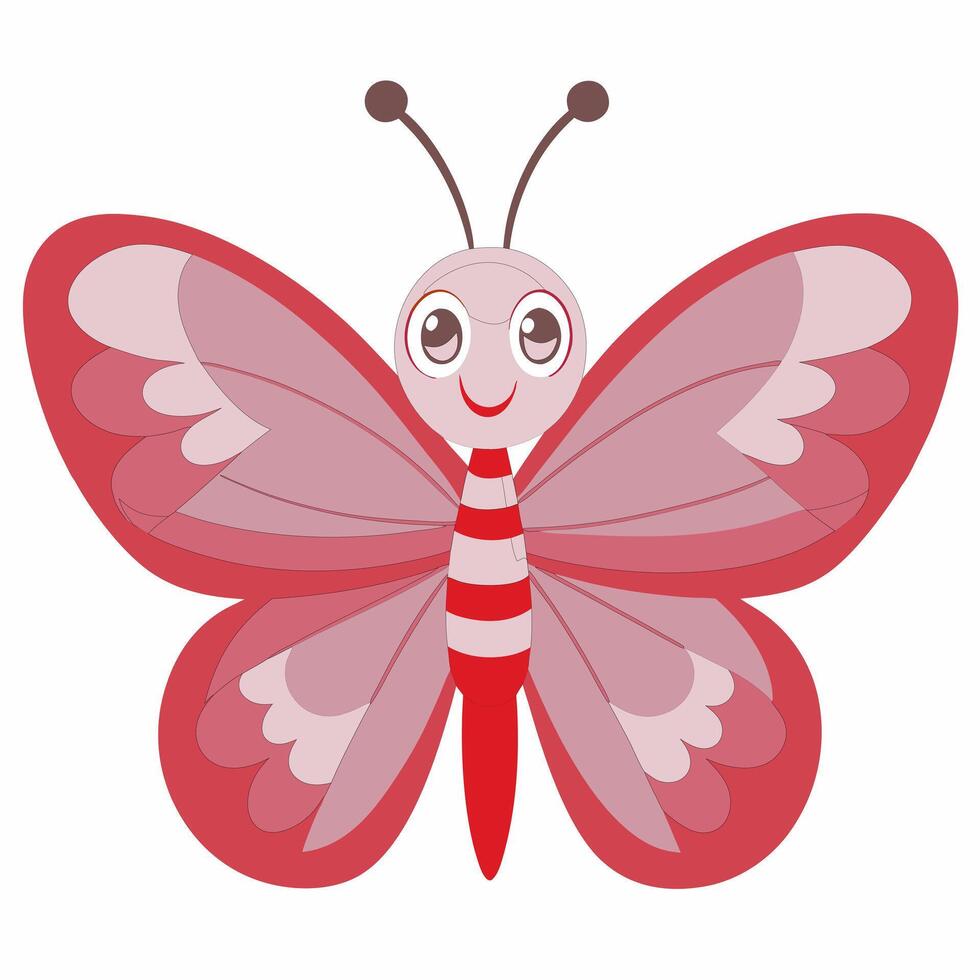 Cute cartoon pink butterfly isolated on white background. Side view. vector