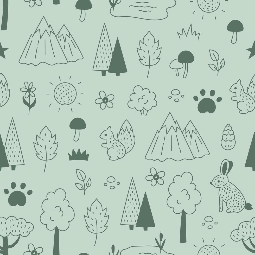Forest and Mountains Doodle Seamless Pattern vector