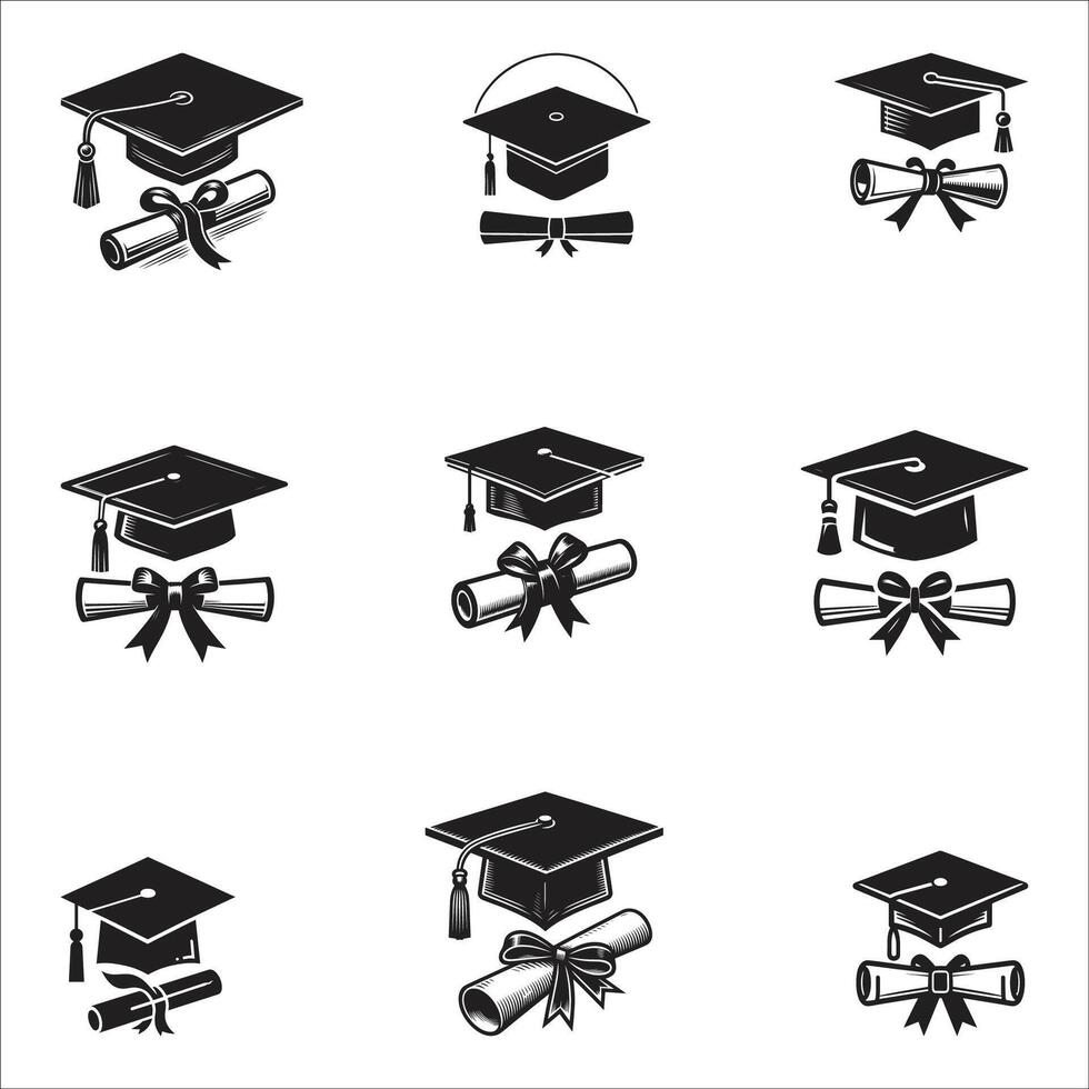 Graduation Cap Icon Silhouette set Collection Isolated On White Background vector