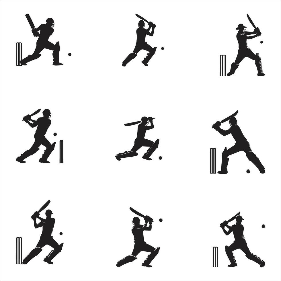 Cricket Players Icon Silhouette set Collection Isolated On White Background vector