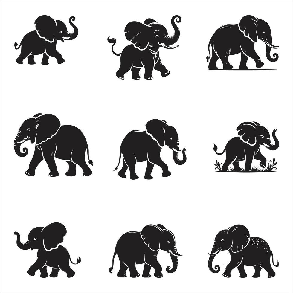 Elephants Icon Silhouette set Collection Isolated On White Background vector