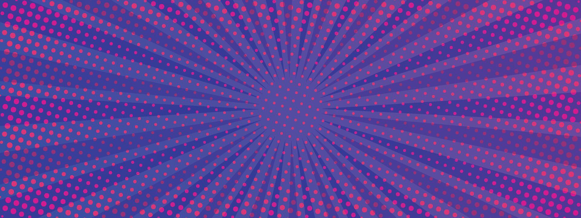 Pop art pink purple dotted background. Retro backdrop with sun rays in comic book style. Cartoon funny pattern. Sunburst halftone illustration. Pixelated overlay texture poster, banner. vector