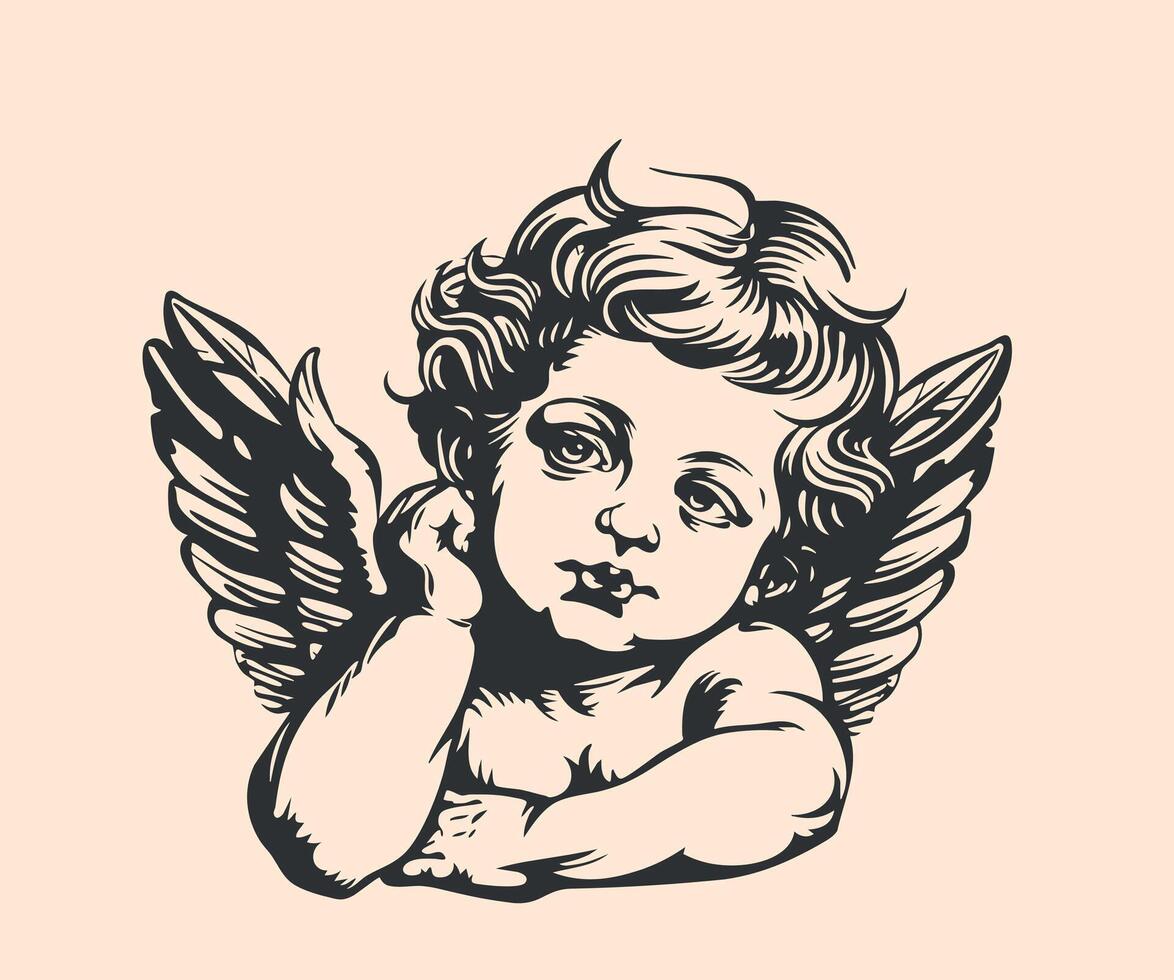 Baby angel line drawing. Isolated . Cherub wings. illustration vector
