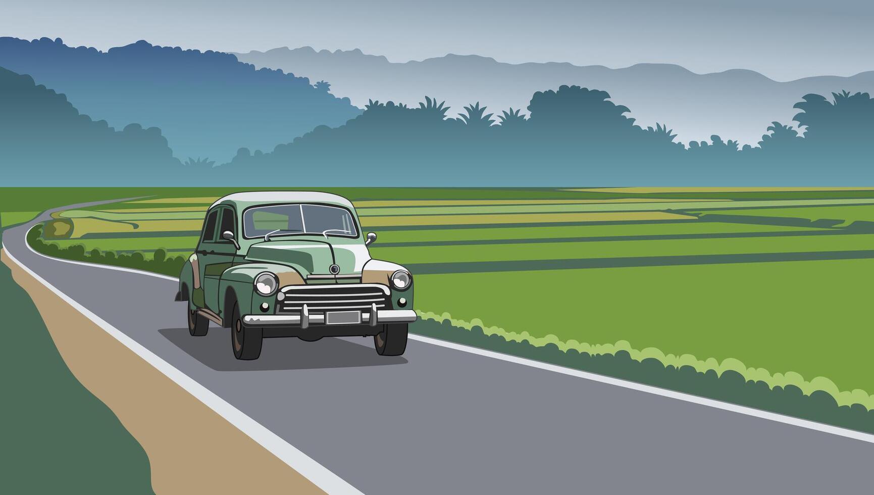 Classic car, old car on the country road, illustration style. vector