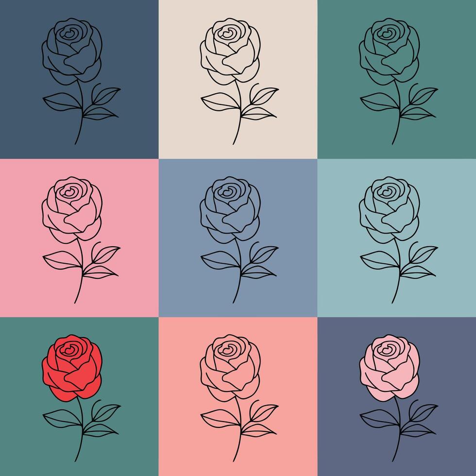 Minimalist 3x3 Line Art Roses with Monochrome and Gradient Colors vector