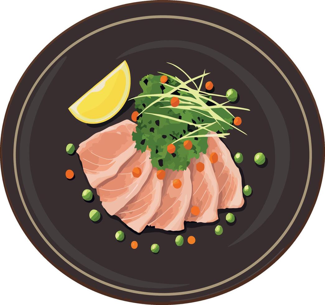 Fish carpaccio with aromatic herbs, lemon on an elegant plate vector