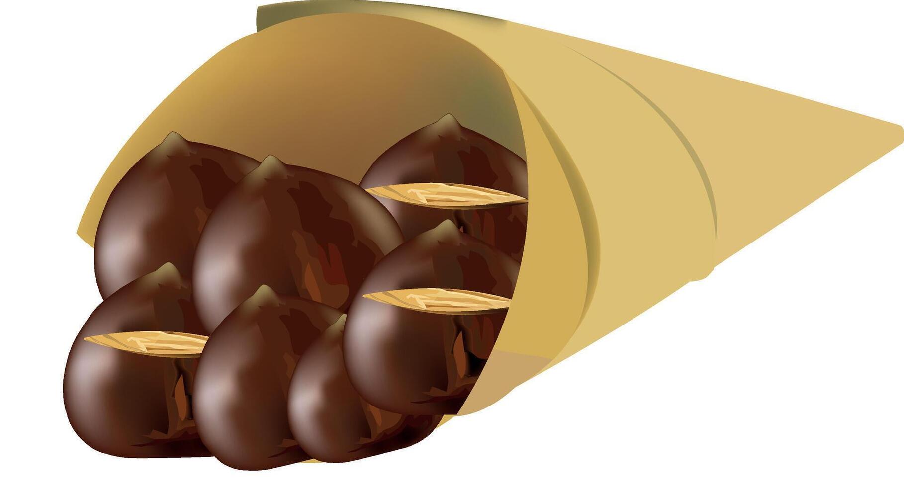 Roasted chestnuts spilling from paper cone on white background vector