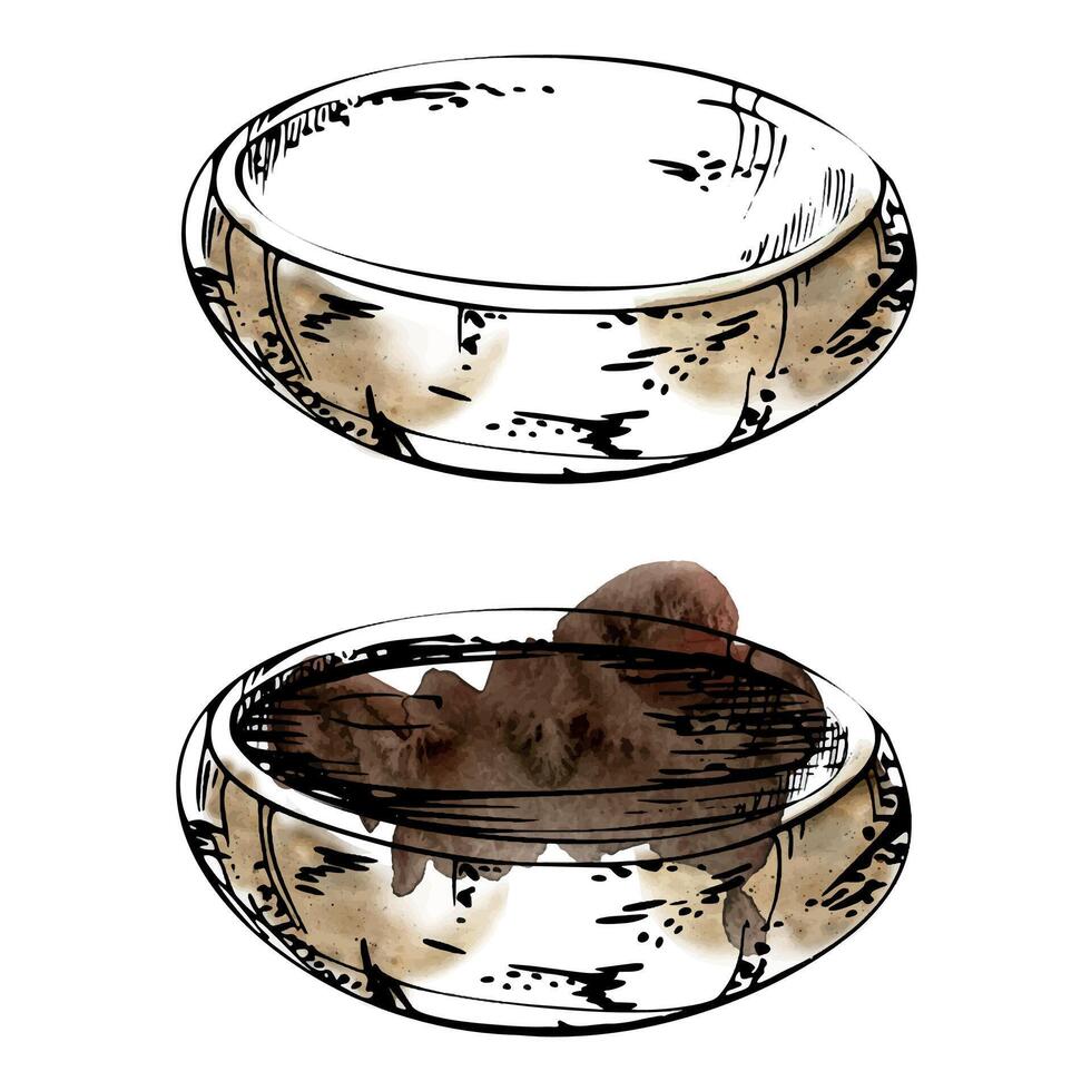 Ceramic plate dish bowl for hobby, handmade, food, empty and filled. Hand drawn in watercolor and ink. Illustration for pottery shop logo, art class, print, website, restaurant or cafe menu, booklet. vector