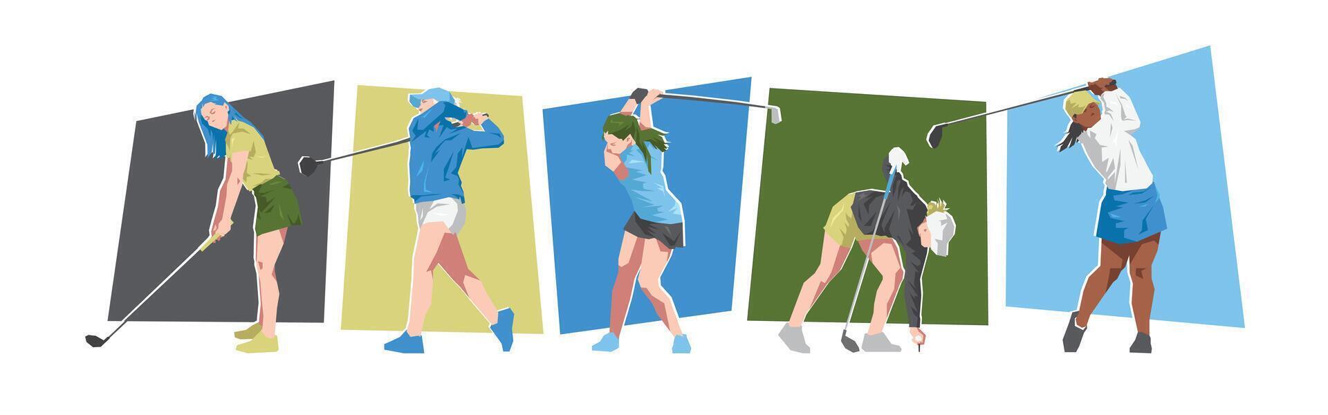 Set of female golfer character in action. People playing golf. Isolated on white background. Flat illustration. vector