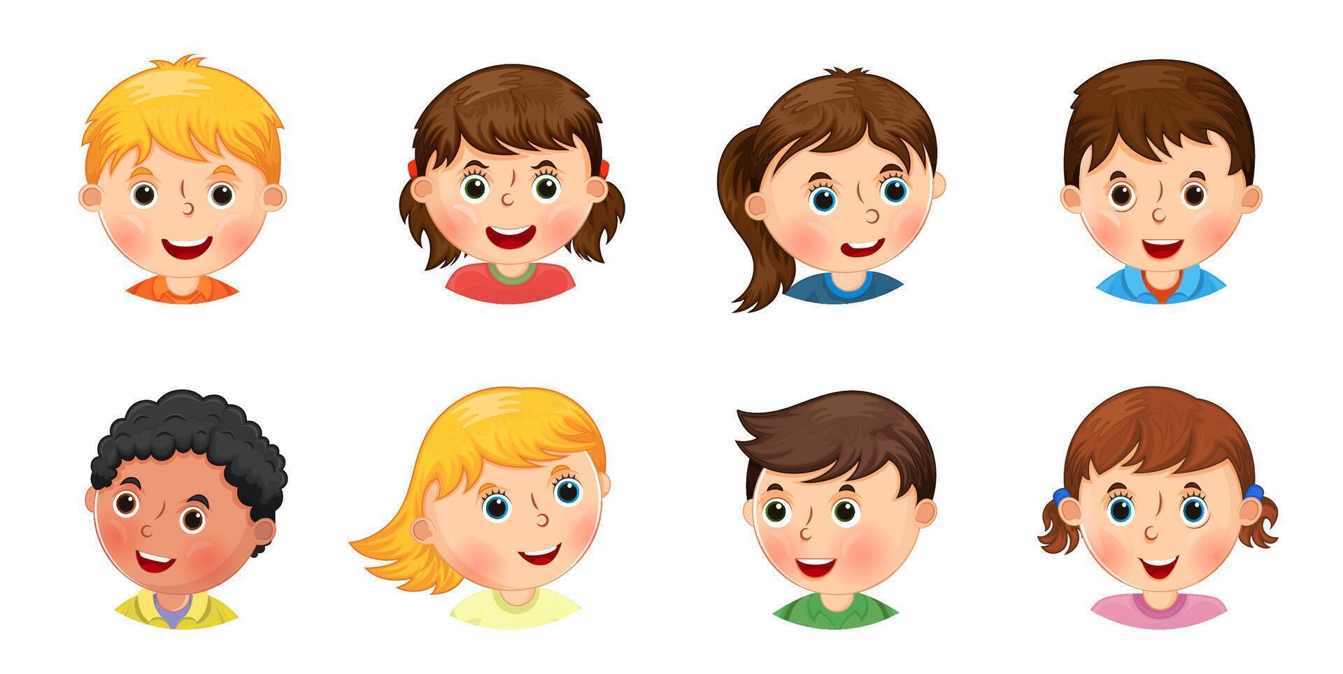 Children's portraits set in cartoon style. Illustration of cute kids faces collection. vector