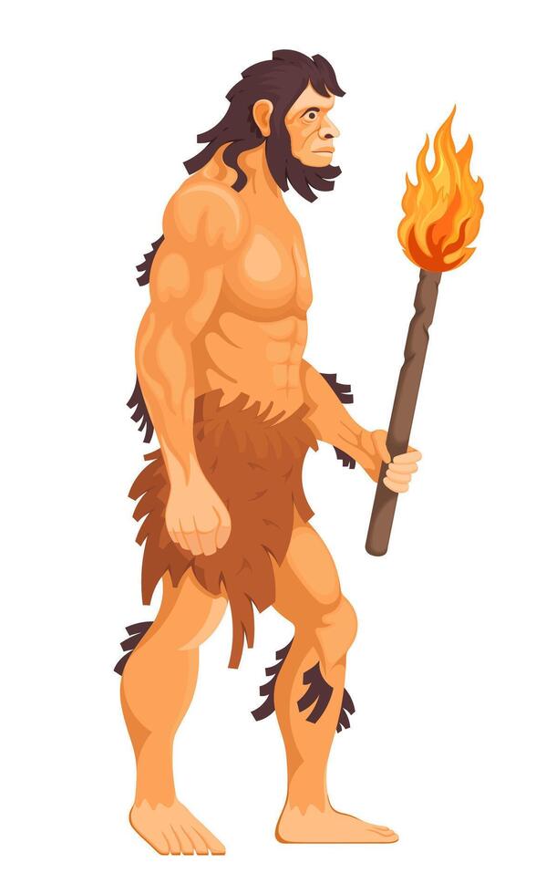 Caveman holds a torch with fire illustration vector
