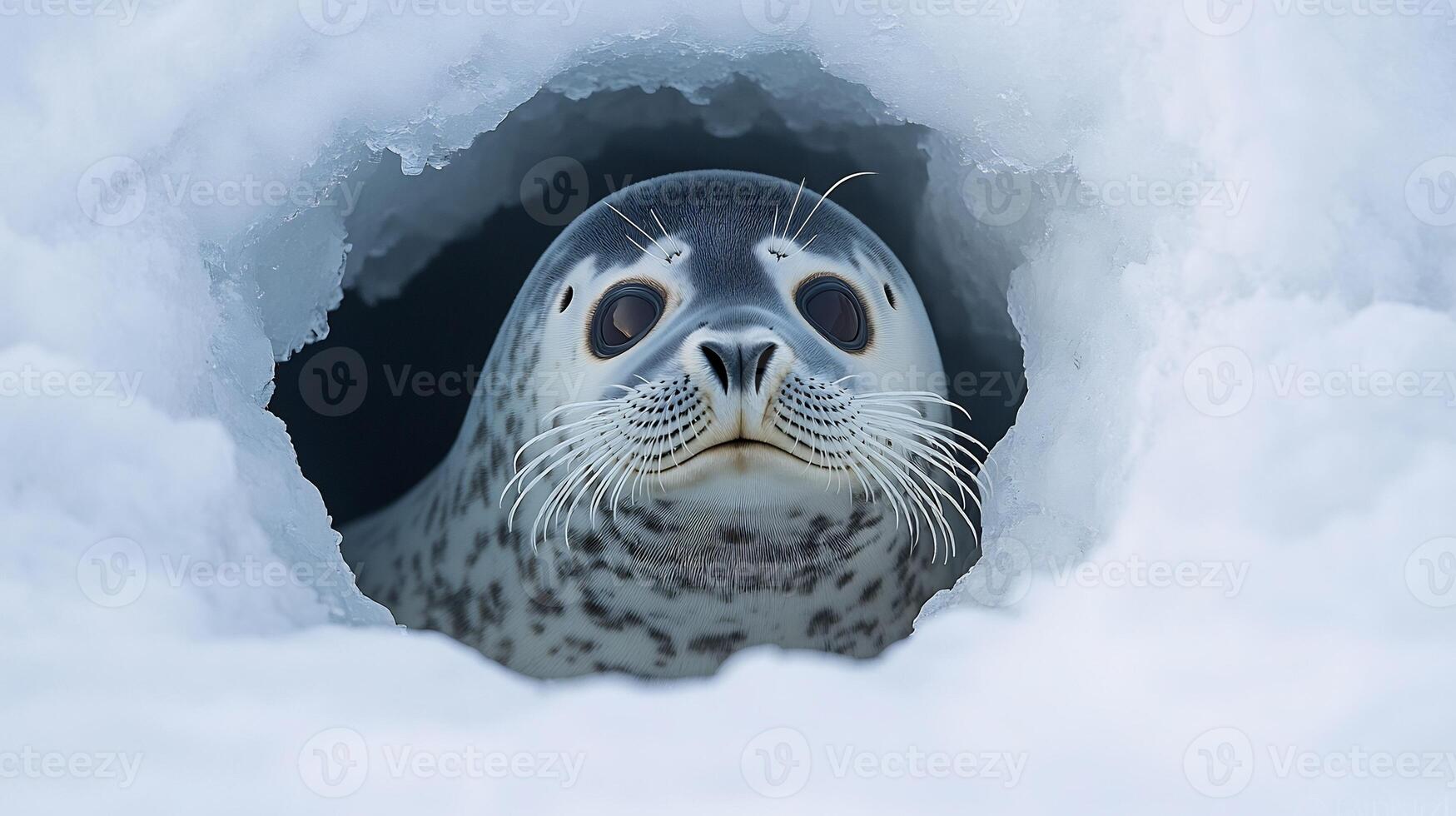 Baikal Seal Pusa sibirica phylum Chordata class Mammalia order Carnivora family Phocidae peeking out of ice hole on Lake Baikals frozen surface its round face illuminated by soft light photo