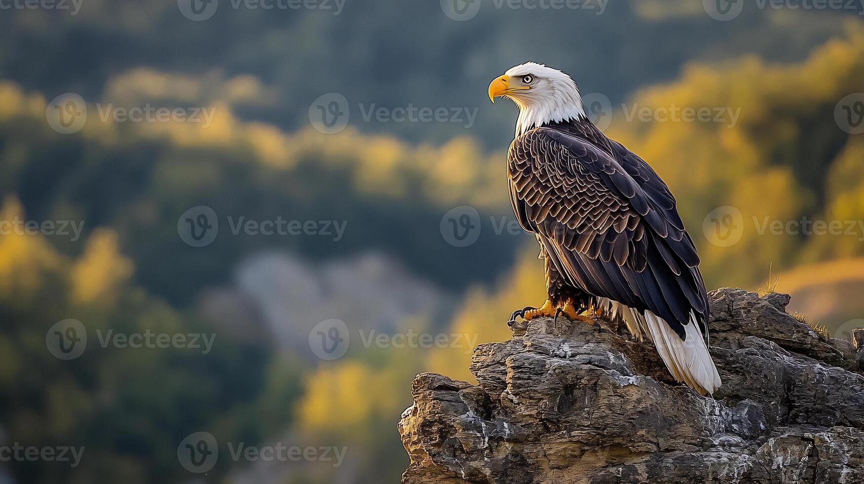 Bald Eagle Haliaeetus leucocephalus phylum Chordata class Aves order Accipitriformes family Accipitridae perched a rugged cliff edge its piercing eyes scanning under morning light photo