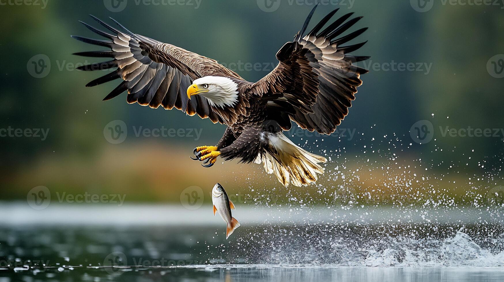 Bald Eagle Haliaeetus leucocephalus phylum Chordata class Aves order Accipitriformes family Accipitridae swooping low over lake its talons extended as it captures a fish midair photo