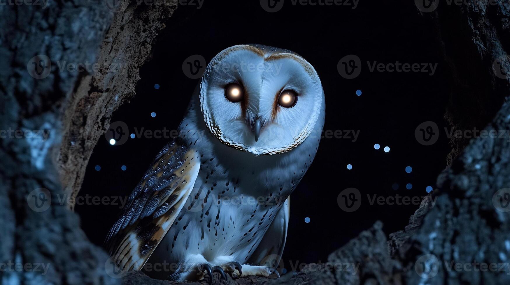 Barn Owl Tyto alba phylum Chordata class Aves order Strigiformes family Tytonidae peeking out a hollow tree under starlight its glowing eyes piercing the darkness photo