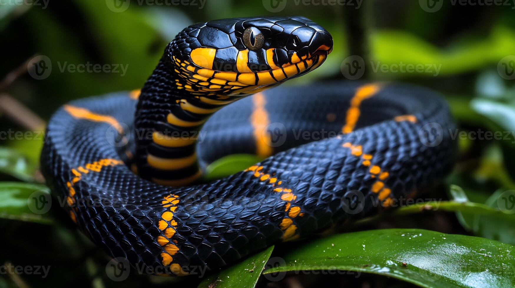 Banded Krait Bungarus fasciatus phylum Chordata class Reptilia order Squamata family Elapidae slithering across jungle floor its black and yellow bands glowing under dappled sunlight photo