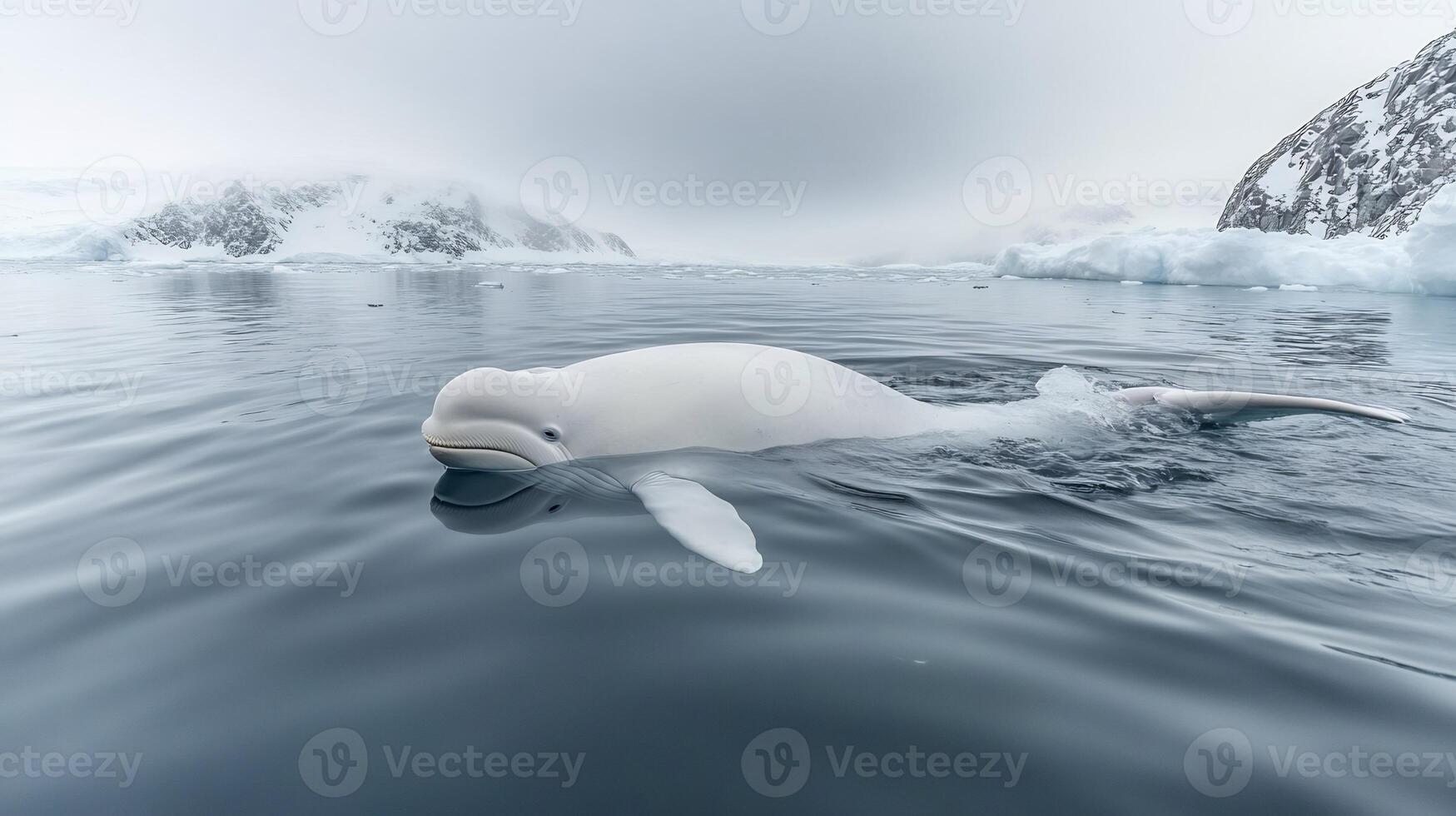 Beluga Whale Delphinapterus leucas phylum Chordata class Mammalia order Cetacea family Monodontidae swimming gracefully an Arctic lagoon its white body glowing softly under polar light photo