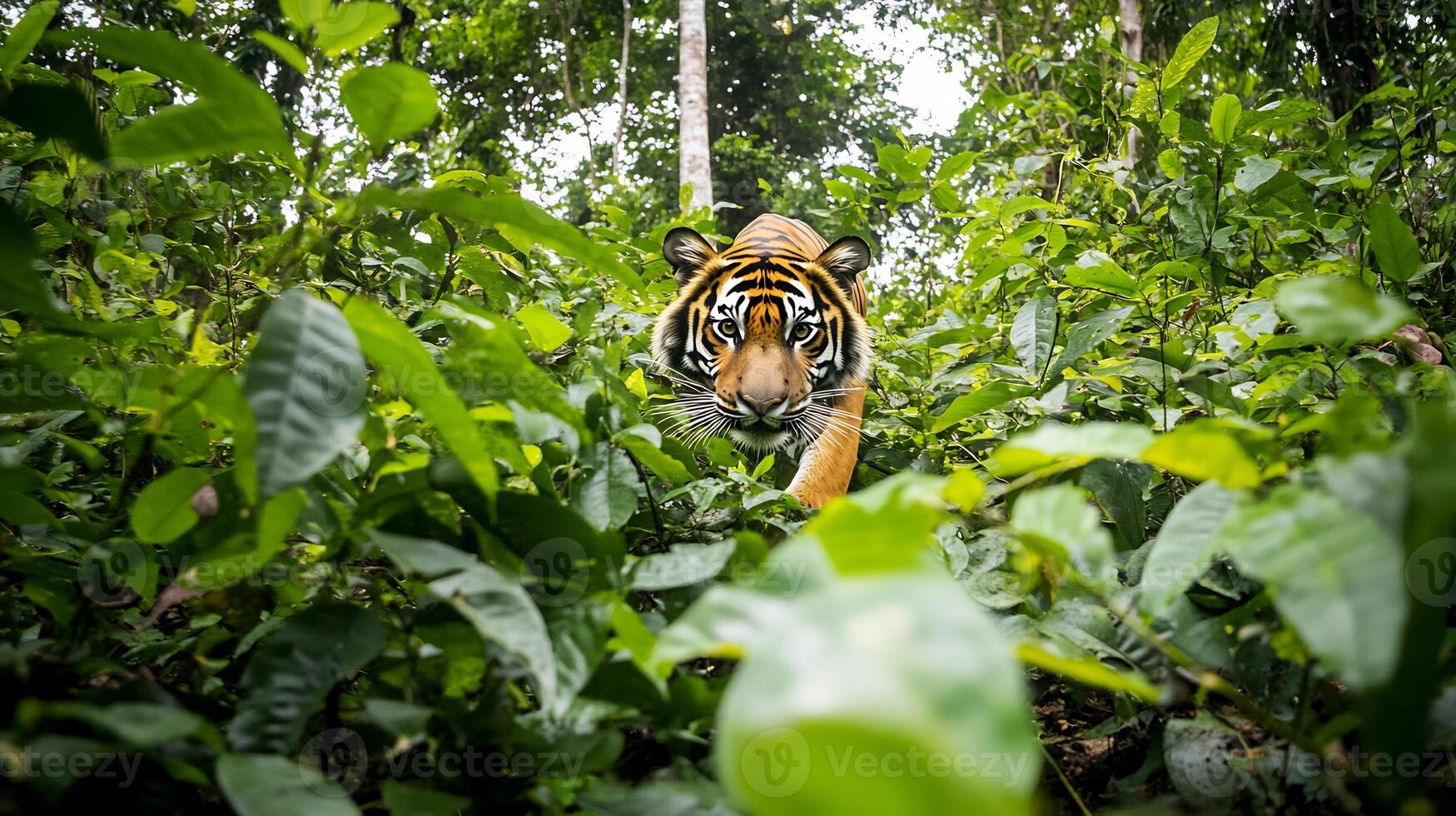 Bengal Tiger Panthera tigris tigris family Felidae prowling Indian rainforests endangered predator blending into foliage symbolizing wildlife protection biodiversity natural habitat photo