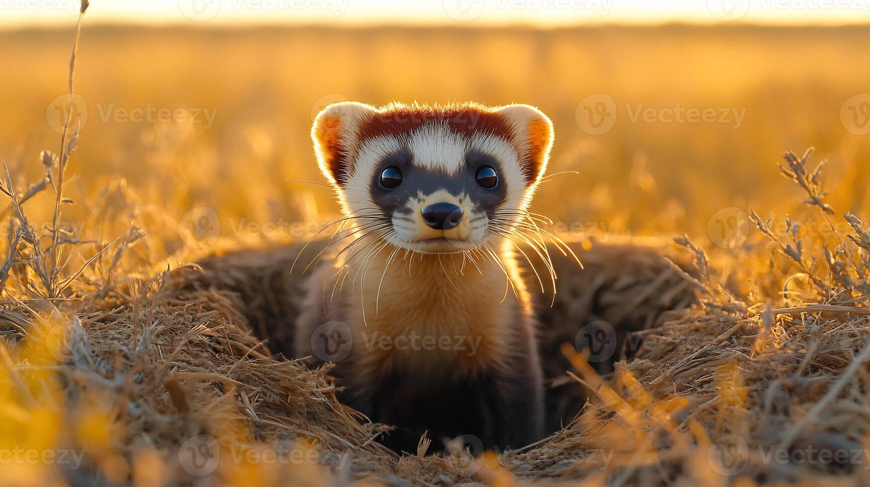 Blackfooted Ferret Mustela nigripes phylum Chordata class Mammalia order Carnivora family Mustelidae emerging its burrow in a vast prairie its curious eyes glowing in golden morning light photo
