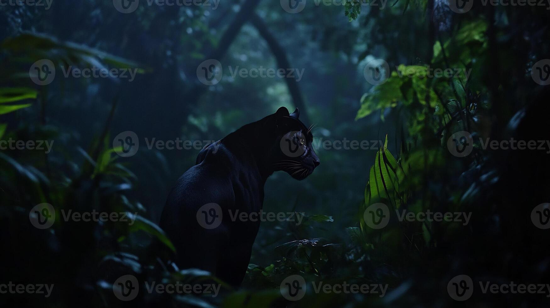 Black Panther Panthera pardus phylum Chordata class Mammalia order Carnivora family Felidae stalking silently through dense jungle shadows dusk blending seamlessly with its environment photo