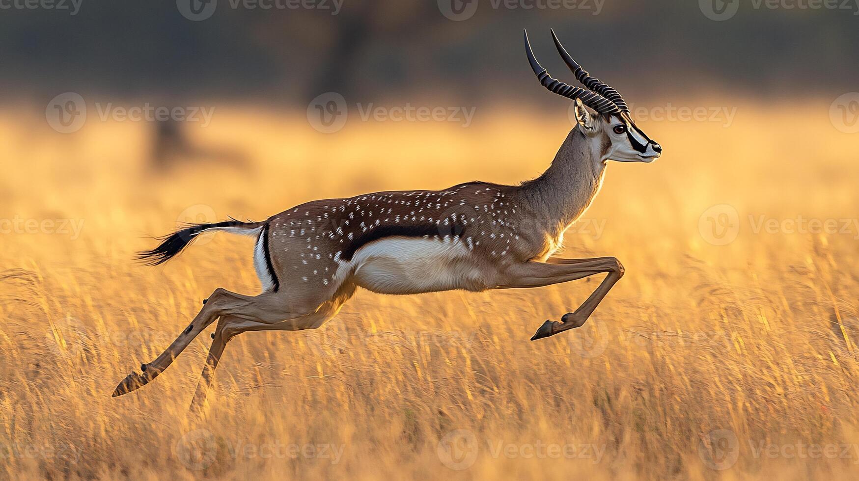 Blackbuck Antilope cervicapra phylum Chordata class Mammalia order Artiodactyla family Bovidae captured midleap through golden grass the savanna its sleek form glowing under dawn light photo