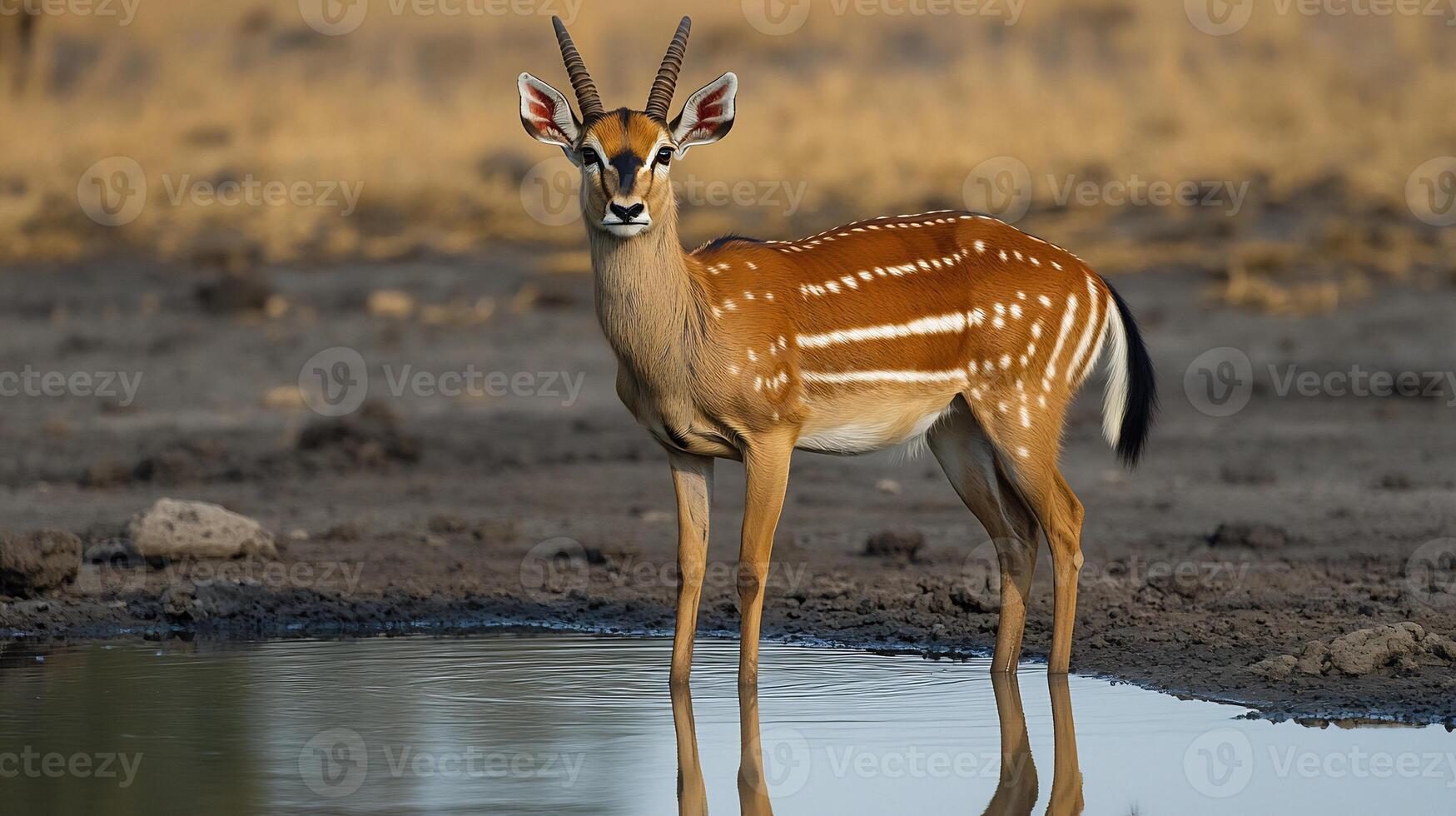 Bushbuck Tragelaphus scriptus phylum Chordata class Mammalia order Artiodactyla family Bovidae standing cautiously a waterhole its striped coat reflecting in still water under morning light photo