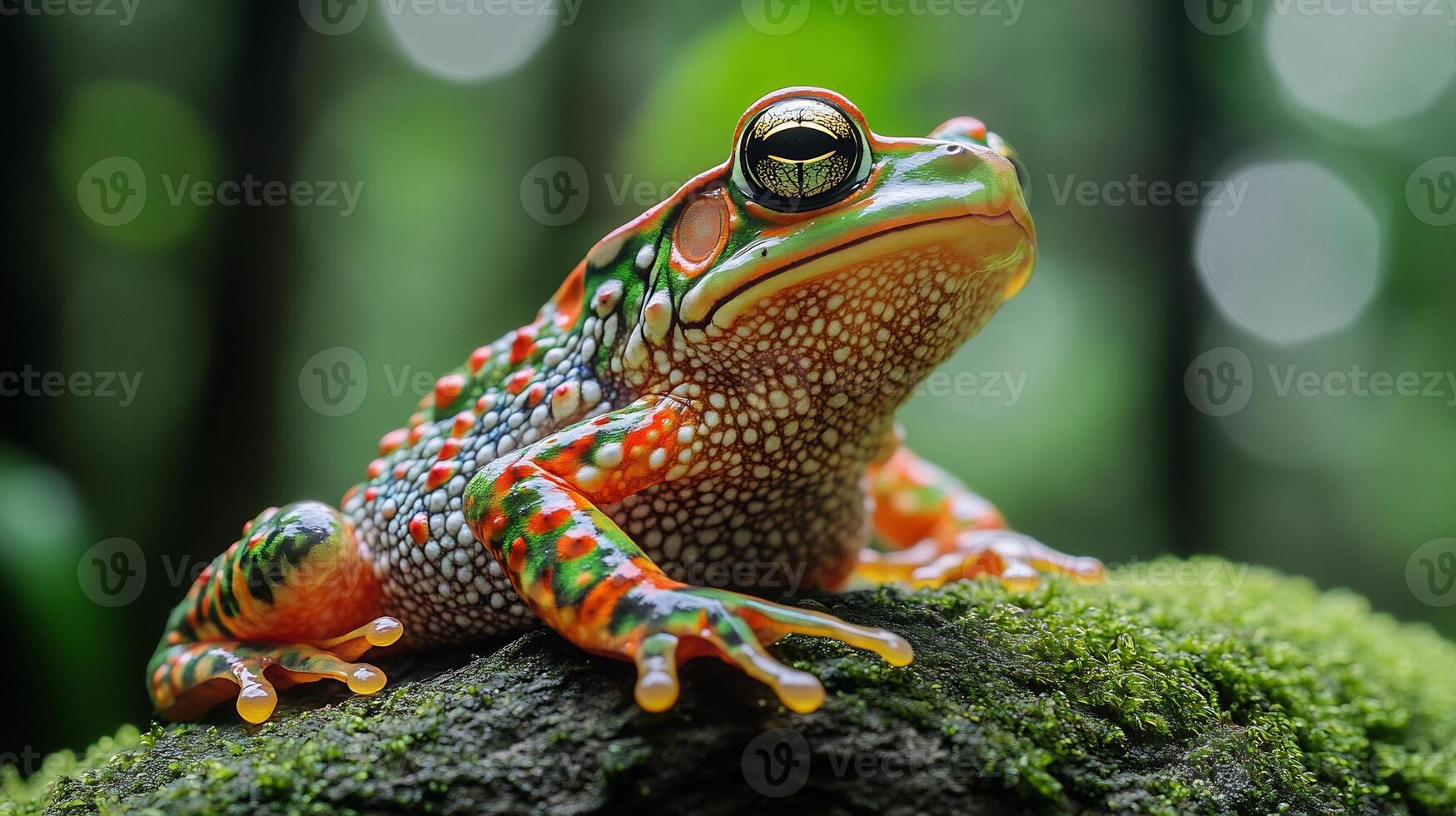 Harlequin Toad Atelopus varius phylum Chordata class Amphibia order Anura family Bufonidae resting a mosscovered rock in a tropical forest its intricate patterns glowing in soft light photo